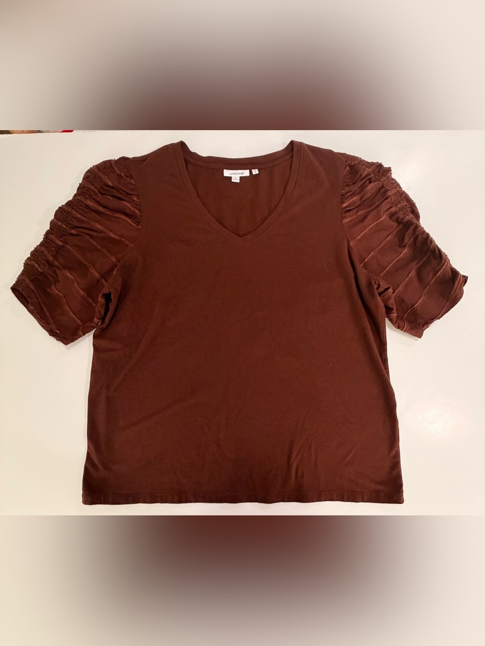 Chico's Brown Pleated Puff Ruched Sleeve V-Neck T-Shirt Top Women Size 3 XL 16